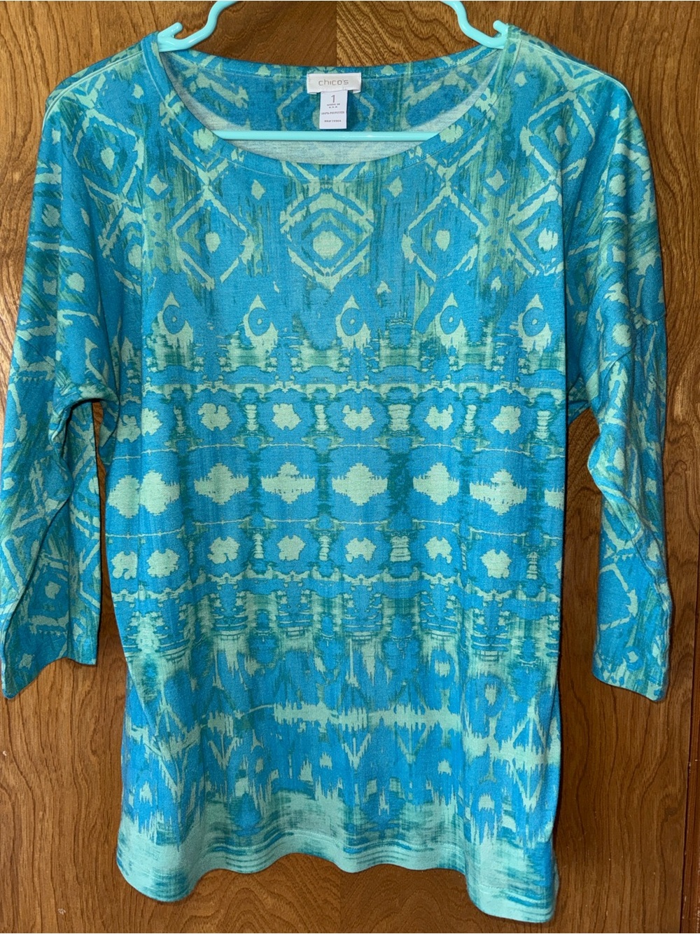 Chico's Turquoise and Green Patterned Long Sleeve Tee